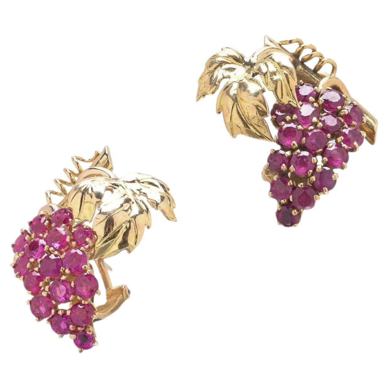 18KT Gold Ruby Grape Cluster Clip Earrings, Approx. 1.50 ct For Sale