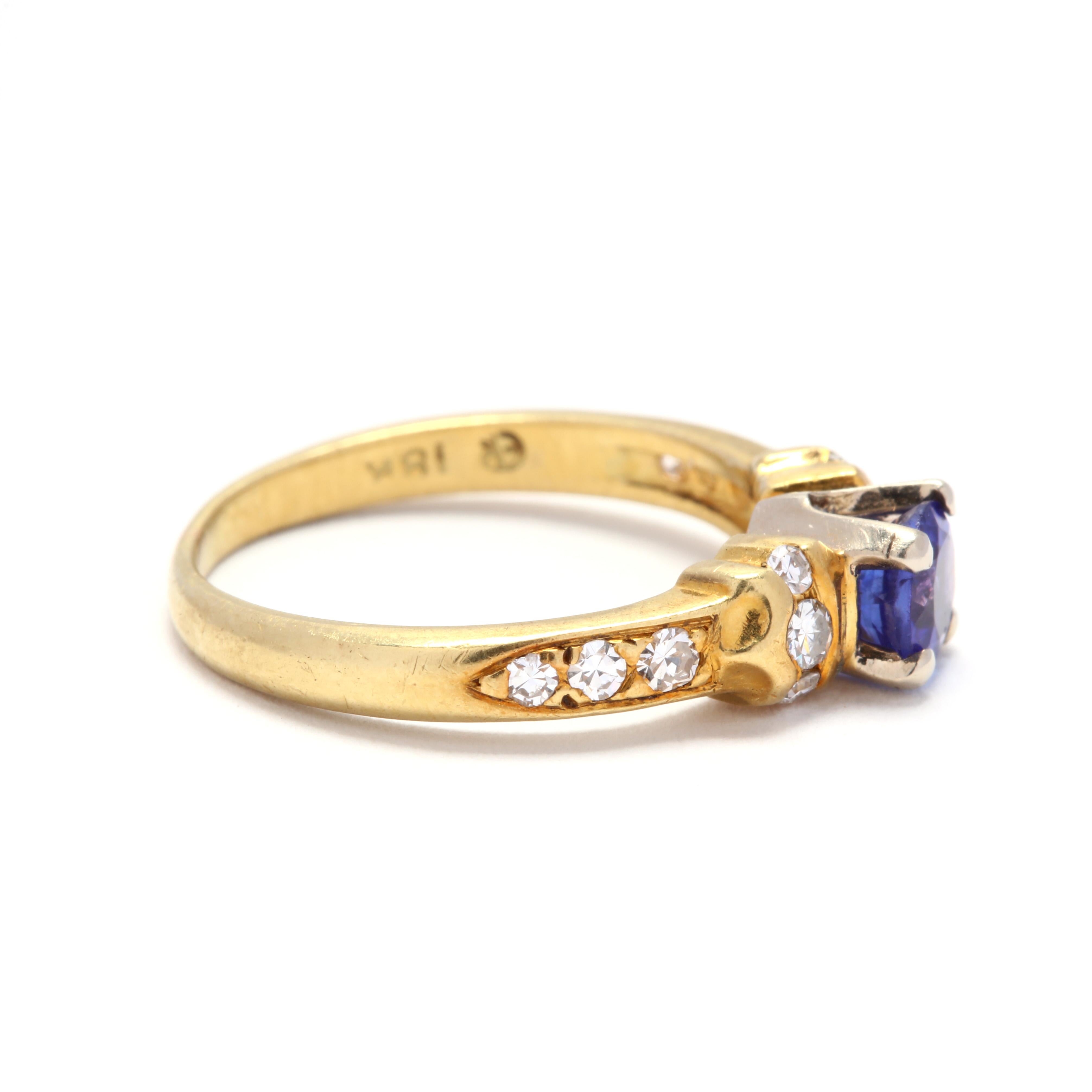 An 18 karat yellow gold, sapphire and diamond ring. Featuring a prong set, round cut sapphire weighing approximately .70 carat with single cut diamonds weighing approximately .25 total carats down the shank.

Stones:
- sapphire, 1 stone
- round