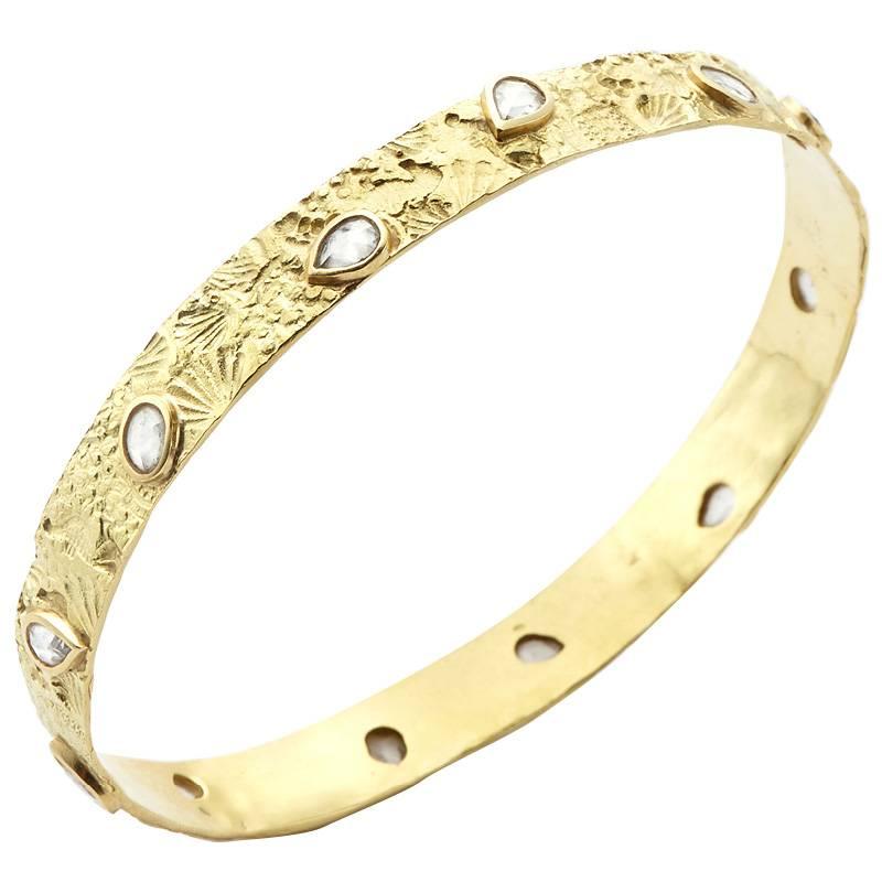 18kt Gold Seascape Bangle with 3.71ct Rose Cut Diamonds For Sale