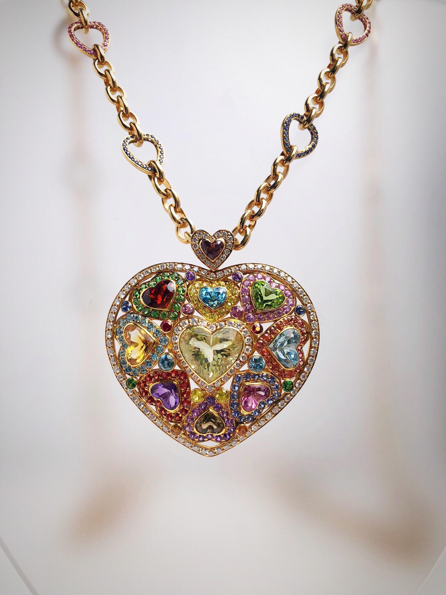 Contemporary 18 Karat Gold and Semiprecious Heart Necklace with 15.94 Multicolored Sapphires