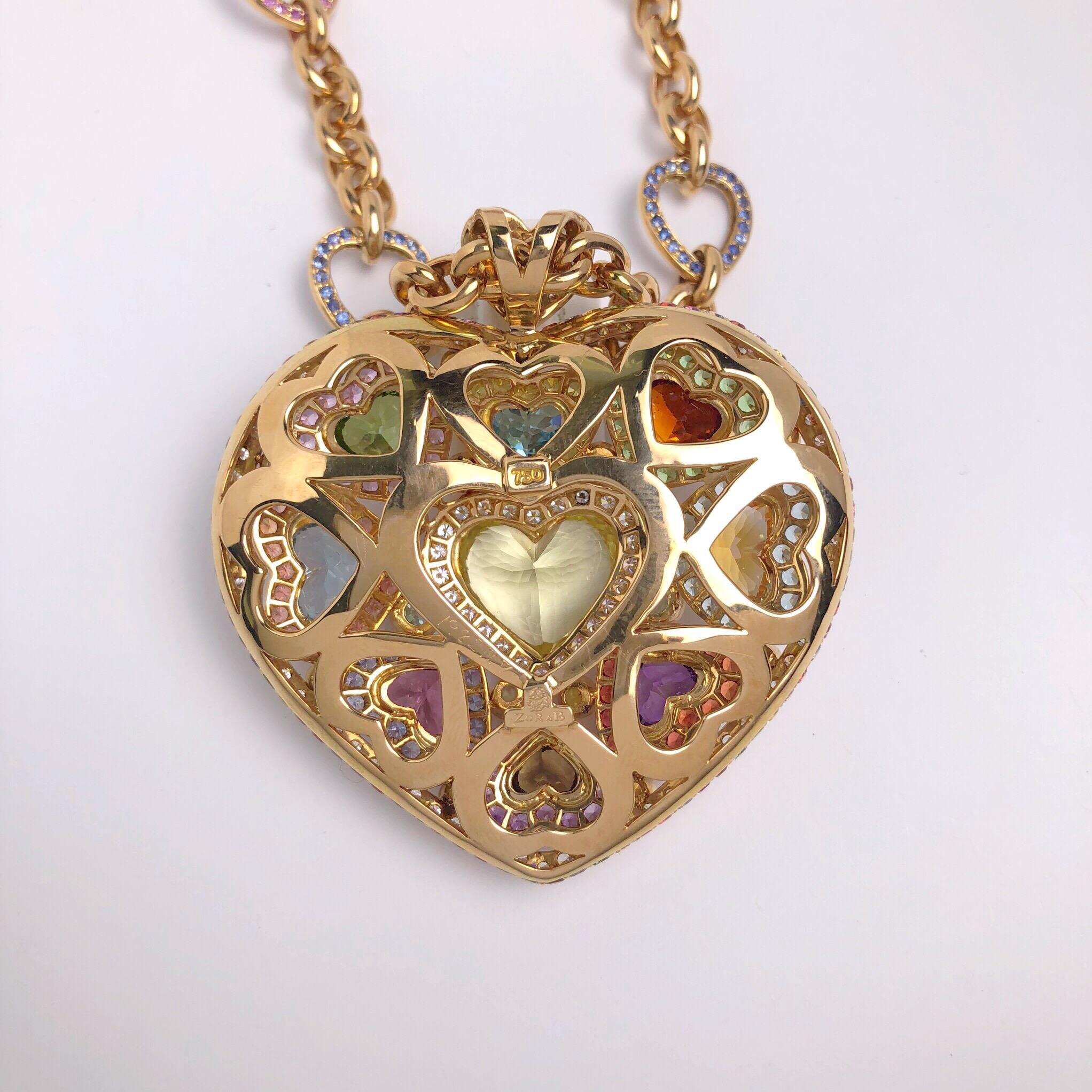 Round Cut 18 Karat Gold and Semiprecious Heart Necklace with 15.94 Multicolored Sapphires