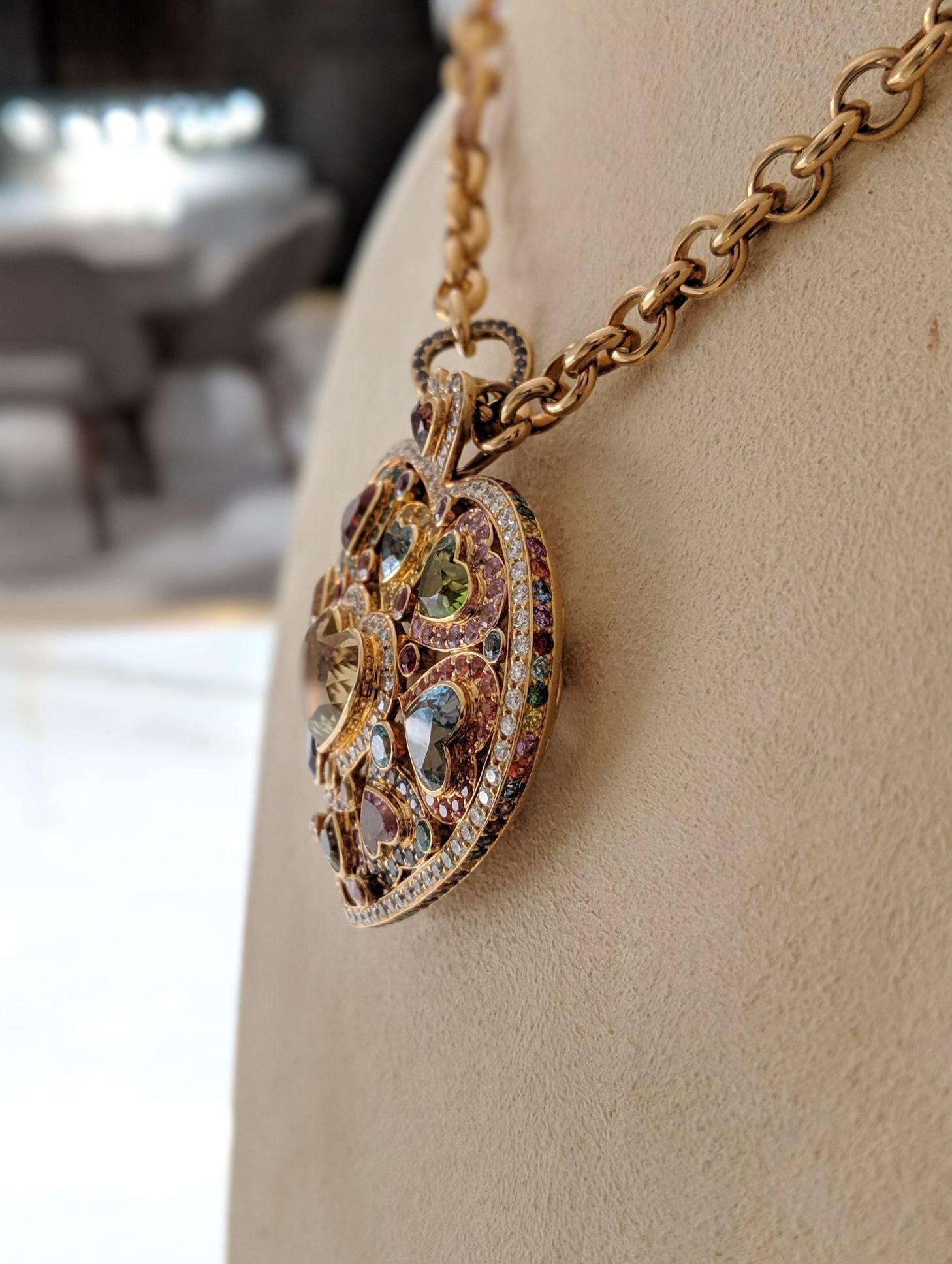 18 Karat Gold and Semiprecious Heart Necklace with 15.94 Multicolored Sapphires In New Condition In New York, NY