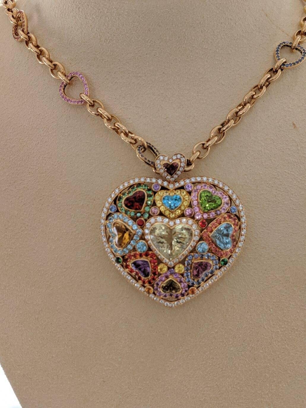 18 Karat Gold and Semiprecious Heart Necklace with 15.94 Multicolored Sapphires 1