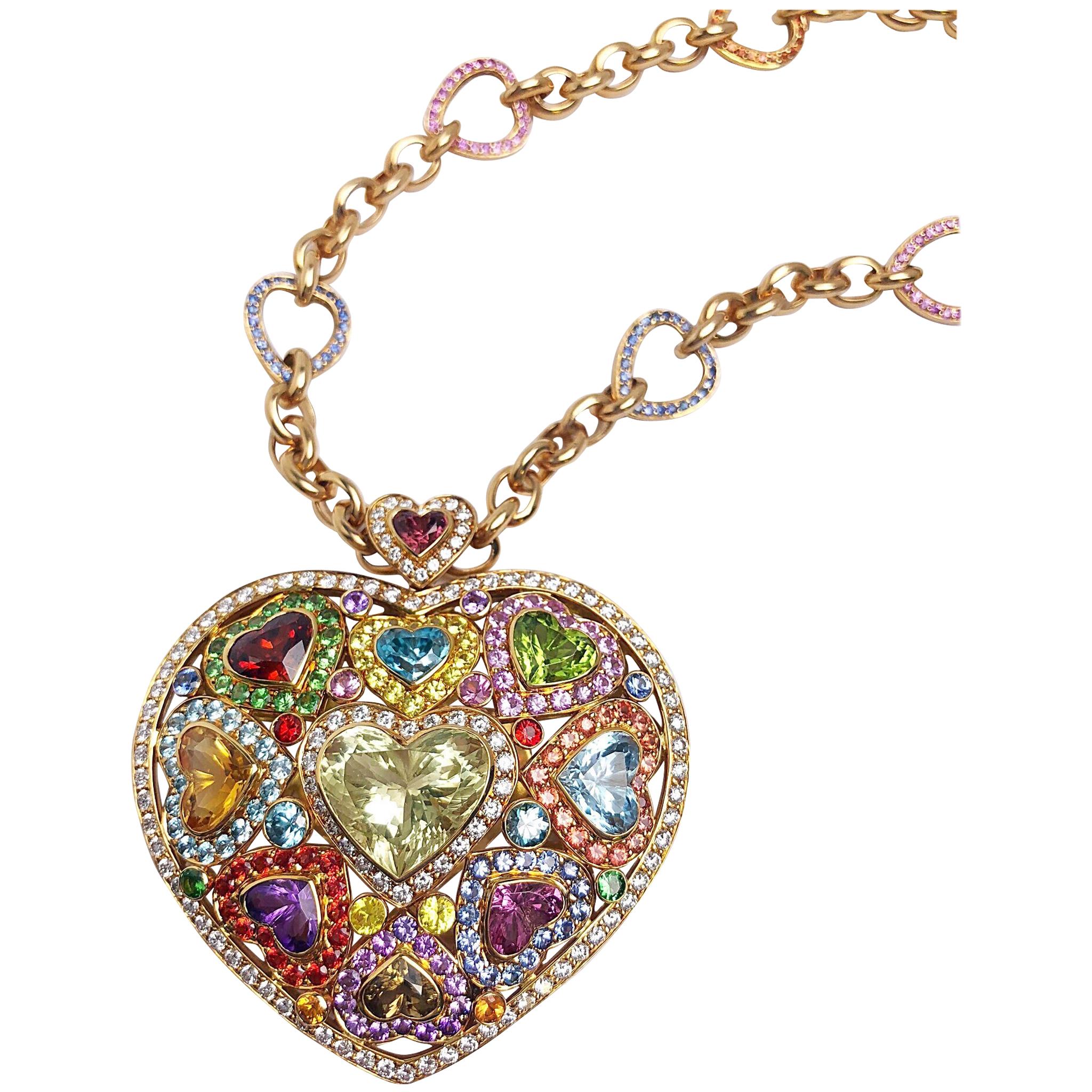 18 Karat Gold and Semiprecious Heart Necklace with 15.94 Multicolored Sapphires