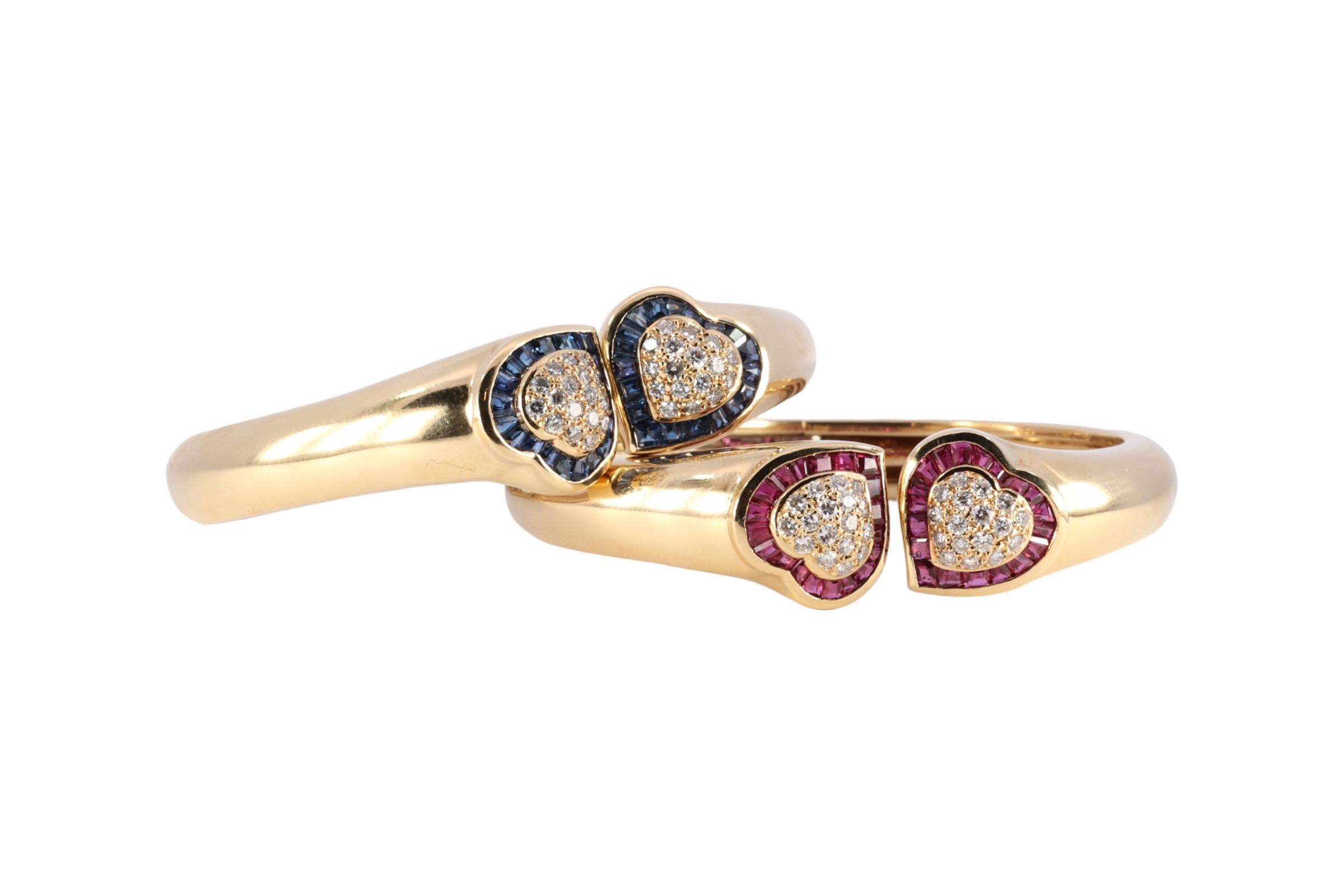 Artisan Or 18kt Set 2 Adler Genève Heart Bracelets Set Saphir, Rubis, Diamants en vente
