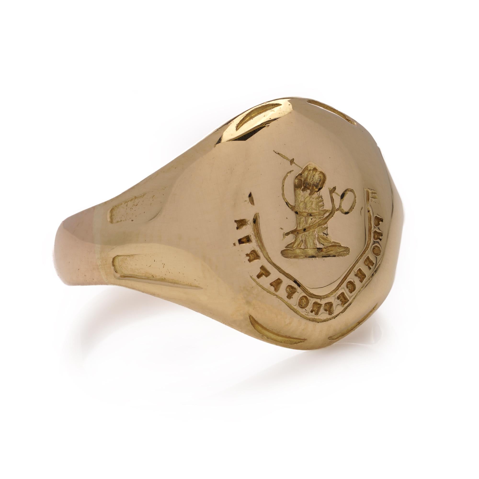 Antique 18kt. yellow gold signet ring with the Latin phrase ' Pro Rege Pro Patria ' 
Latin Inscription 'For King and Country'. 
Made in England, London, Circa 1920s 
Hallmarked for 18k gold. 

The dimensions - 
Finger Size (UK) = P (EU) = 57 (US) =