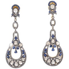 18KT Gold & Silver Blue Sapphire & Rose-Cut Diamond Dangle Earrings