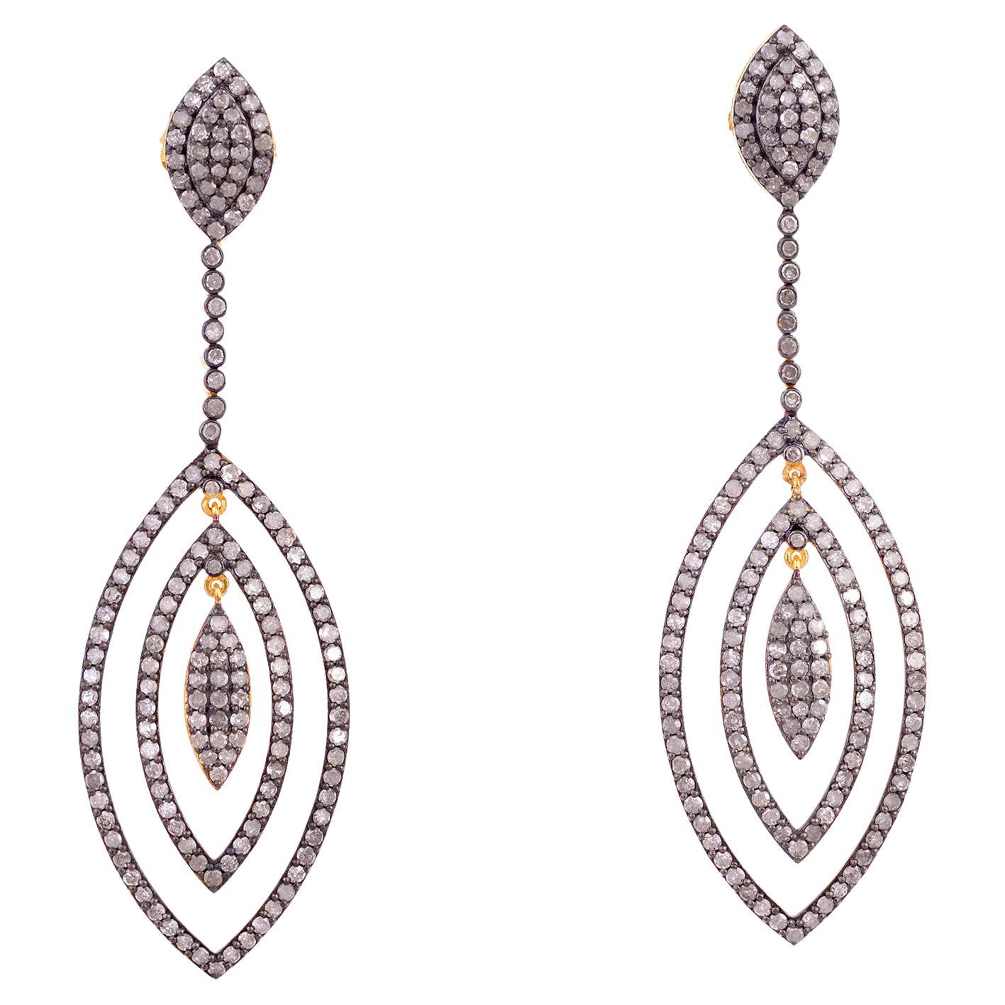 18KT Gold 
Silver Diamond Long Leaf Silhouette Dangle Earrings