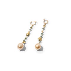 18kt Gold South Sea Pearl and Tourmaline Earrings, Hand Crafted