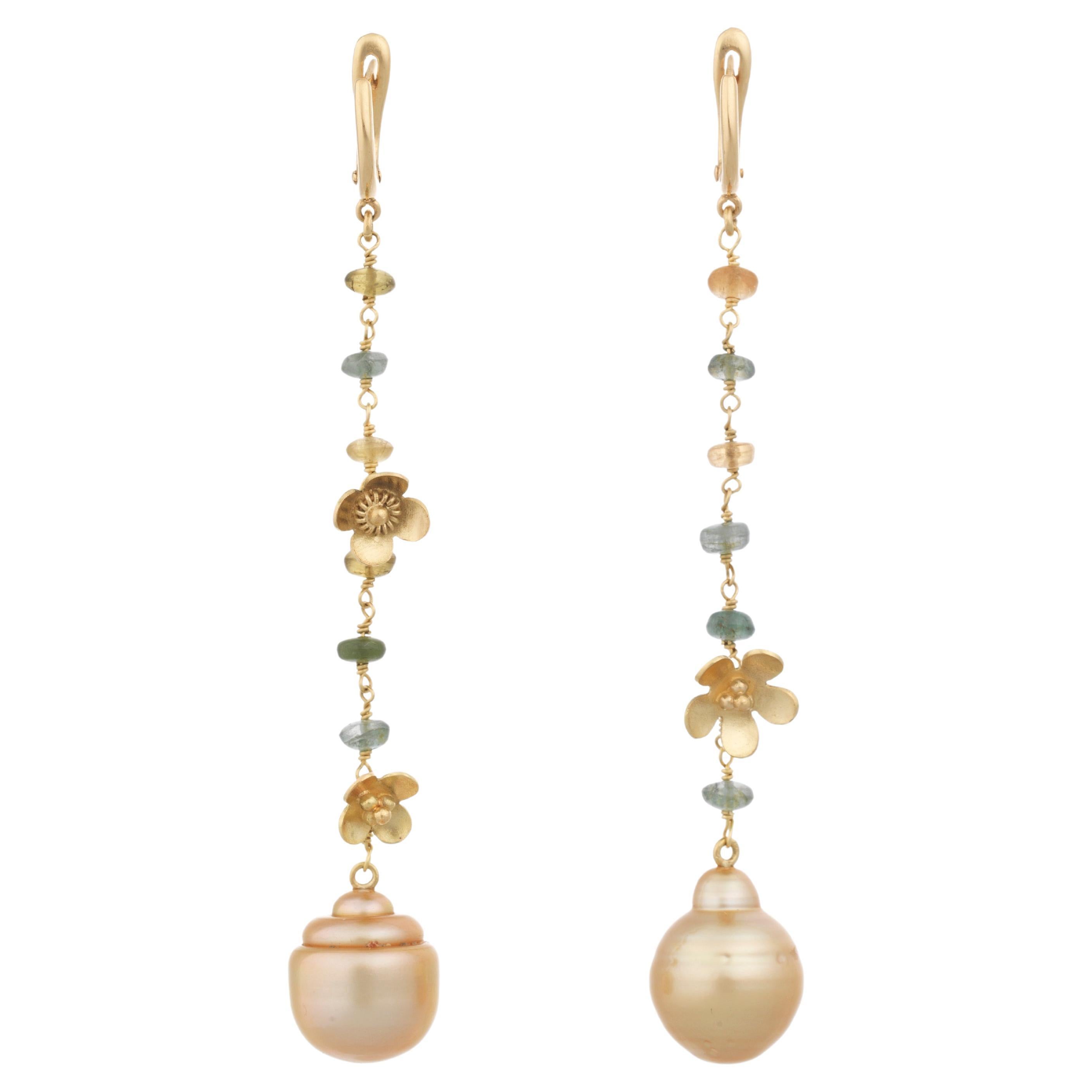 18kt Gold South Sea Pearl and Tourmaline Earrings, Hand Crafted