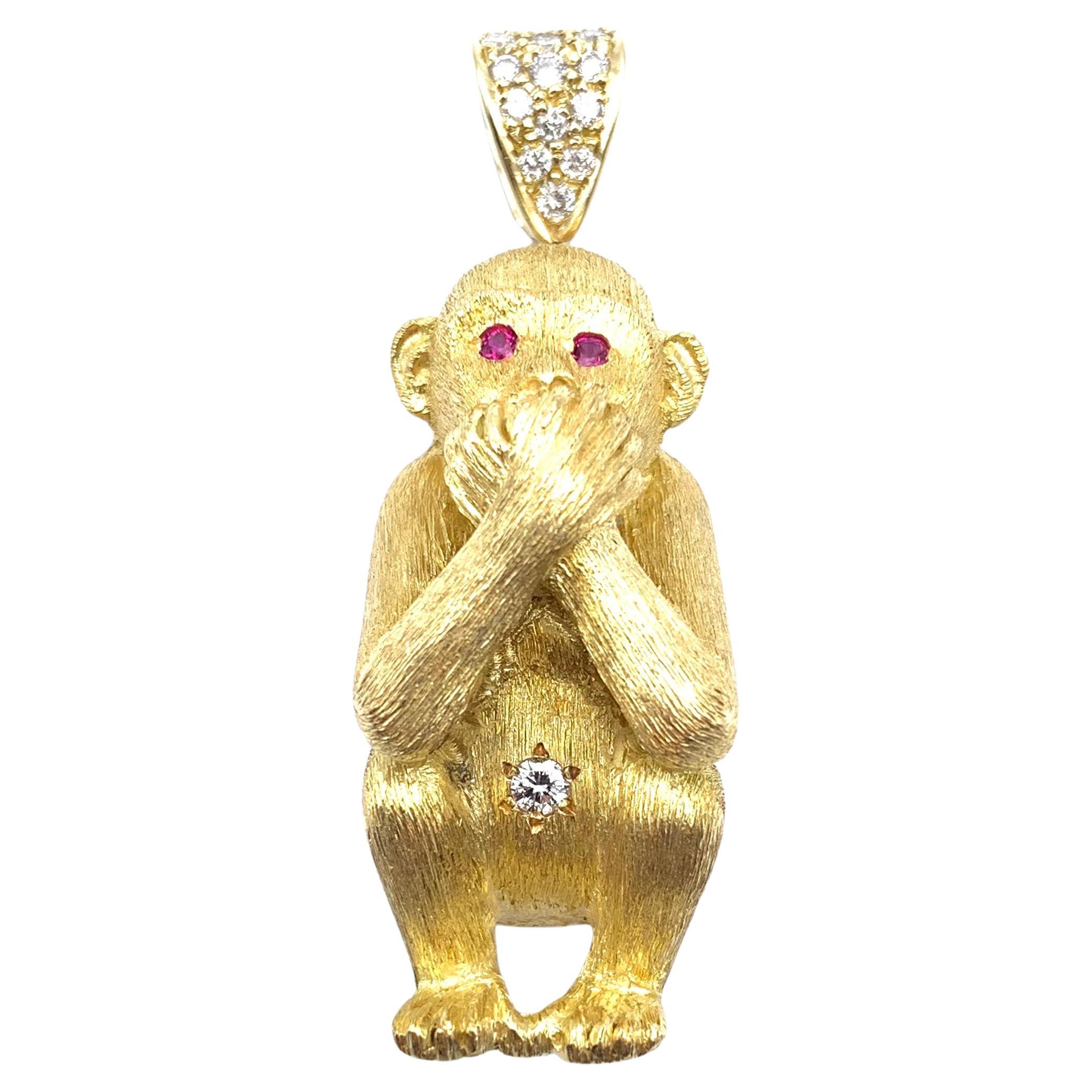 18KT Gold 'Speak No Evil' Diamond and Ruby Monkey Pendant