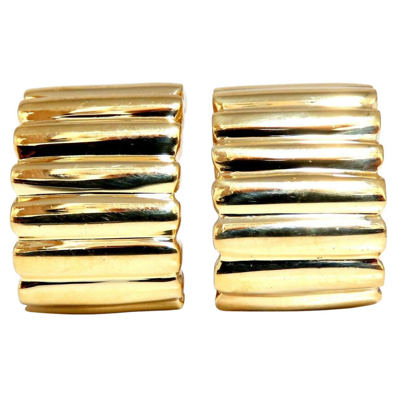 18Kt Gold Staggard Row Pattern Earrings 3D Semi Hoop Clips Post-Less For Sale