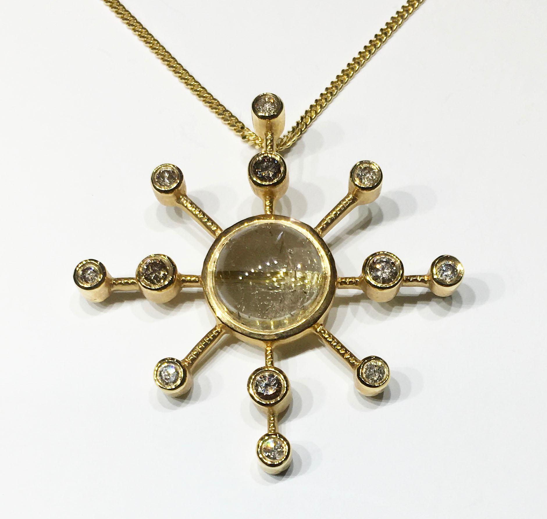 Kary Adam Designed, Diamond and Rutile Quartz Gold Pendant In New Condition In Seattle, WA