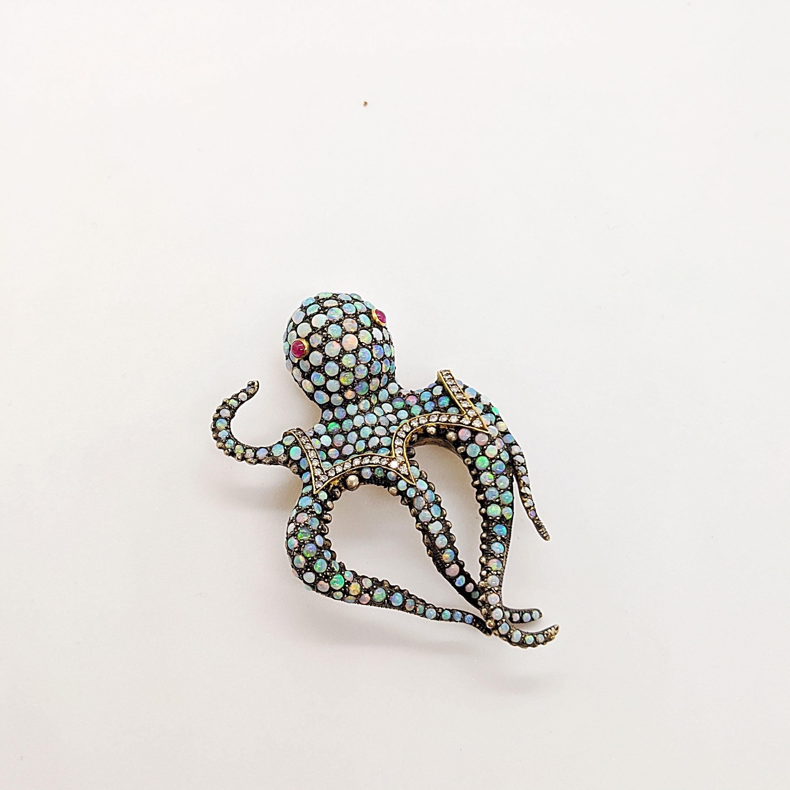 Artisan 18KT Gold & Sterling Silver Octopus Brooch with 7.10Ct. Opals, Diamonds & Rubies