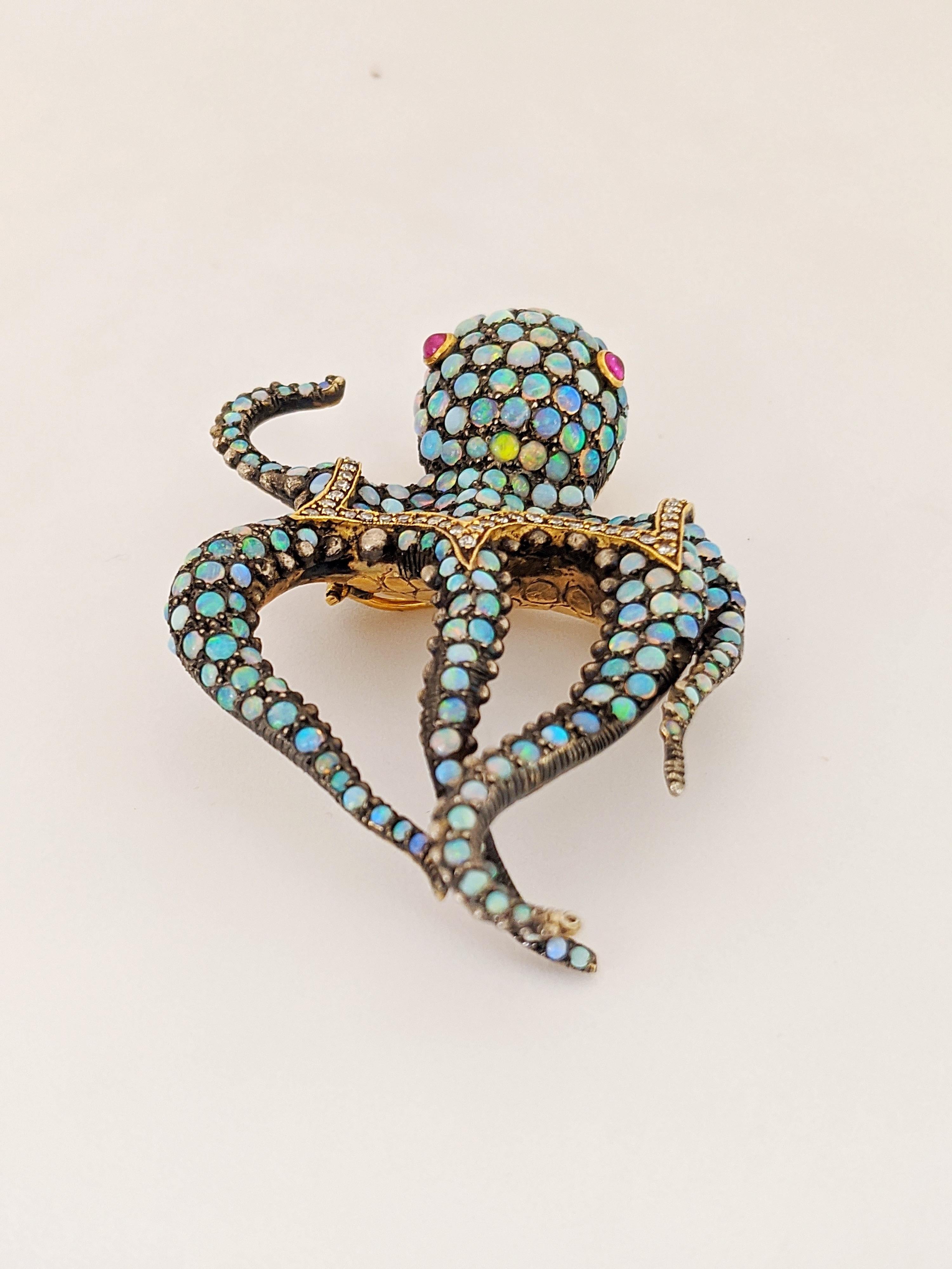 18KT Gold & Sterling Silver Octopus Brooch with 7.10Ct. Opals, Diamonds & Rubies 1