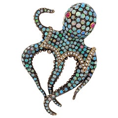 18KT Gold & Sterling Silver Octopus Brooch with 7.10Ct. Opals, Diamonds & Rubies