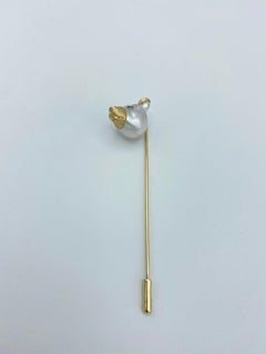 18Kt Gold Stick-Pin Brooch Black Diamond Bear Australian Pearl