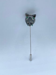 18Kt Gold Stick-Pin Brooch Emerald Black Panther Tahitian Pearl
