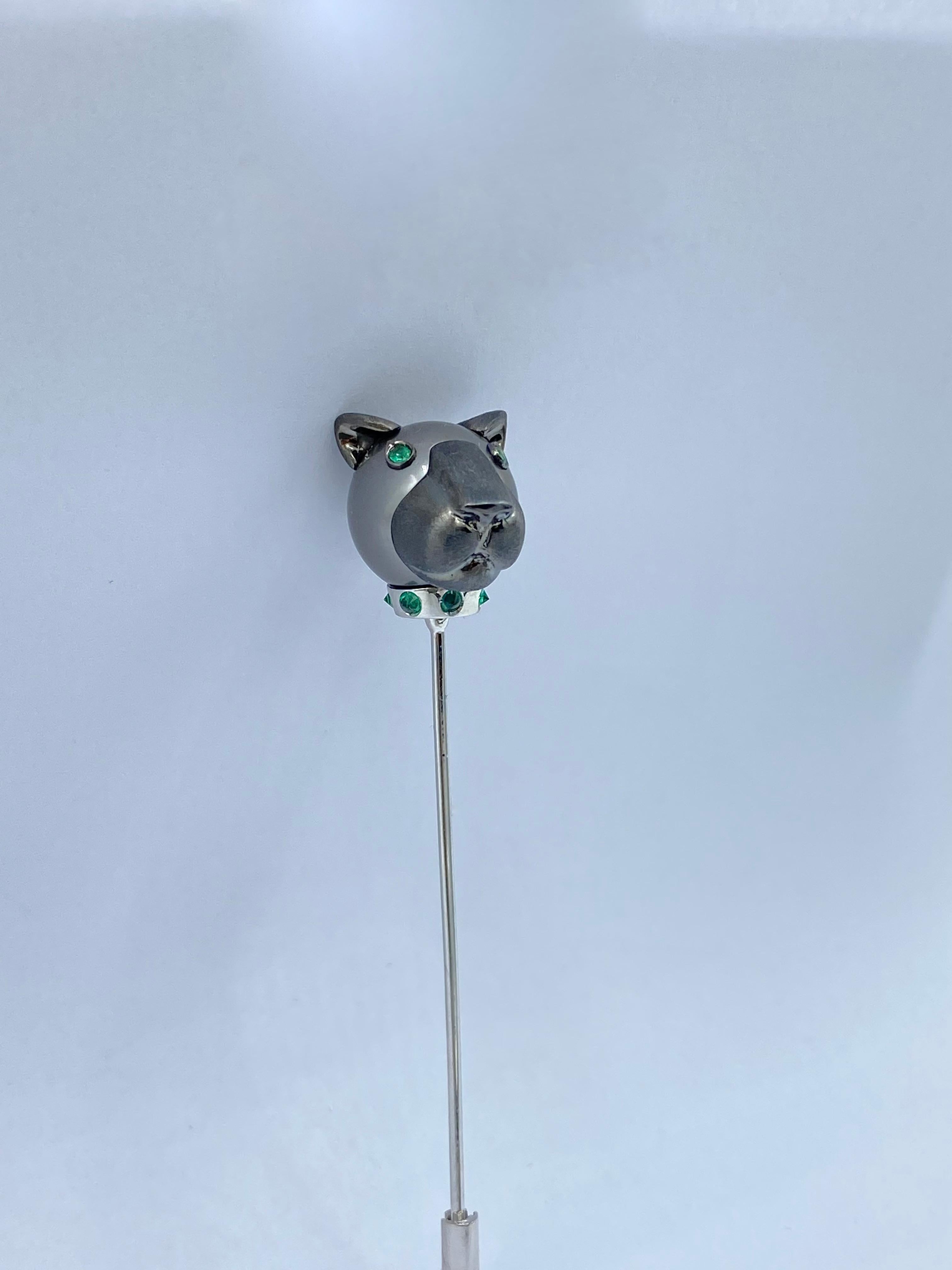 Artisan 18Kt Gold Stick-Pin Brooch Emerald Black Panther Tahitian Pearl 