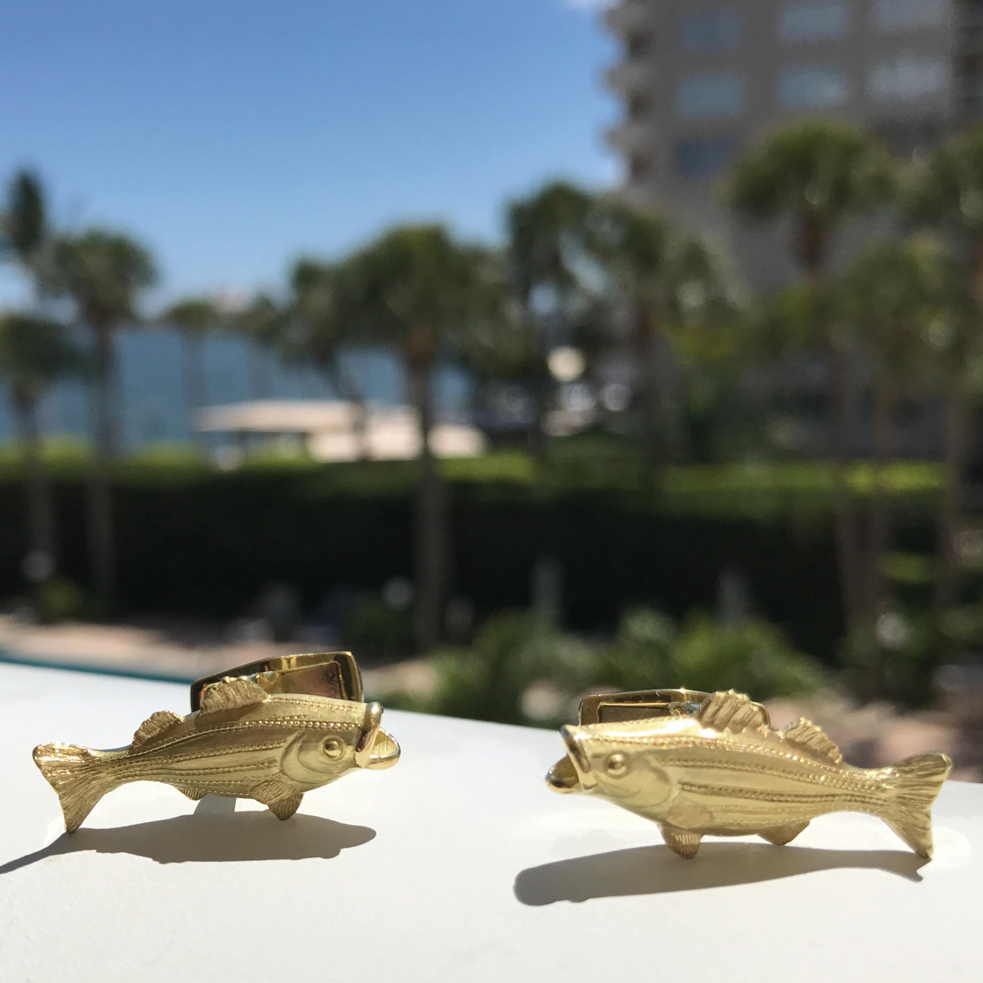 The Bass are running! These 18kt Gold Striped Bass Cufflinks are beautifully designed by Susan Lister Locke to add striking elegance to any man's outfit, easily going from business meeting to social engagement.