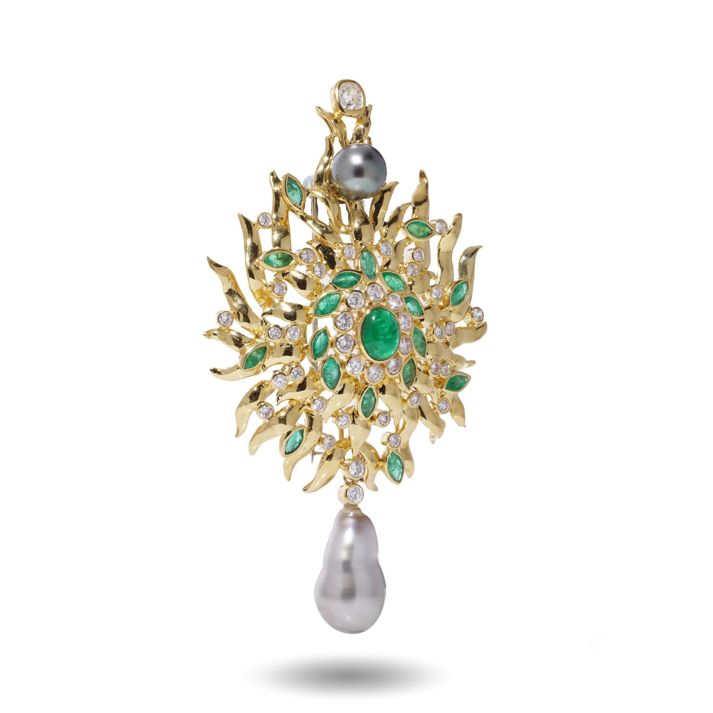 Broche tourbillonnant en or 18 carats avec diamants, émeraudes et perles de Tahiti en vente 2