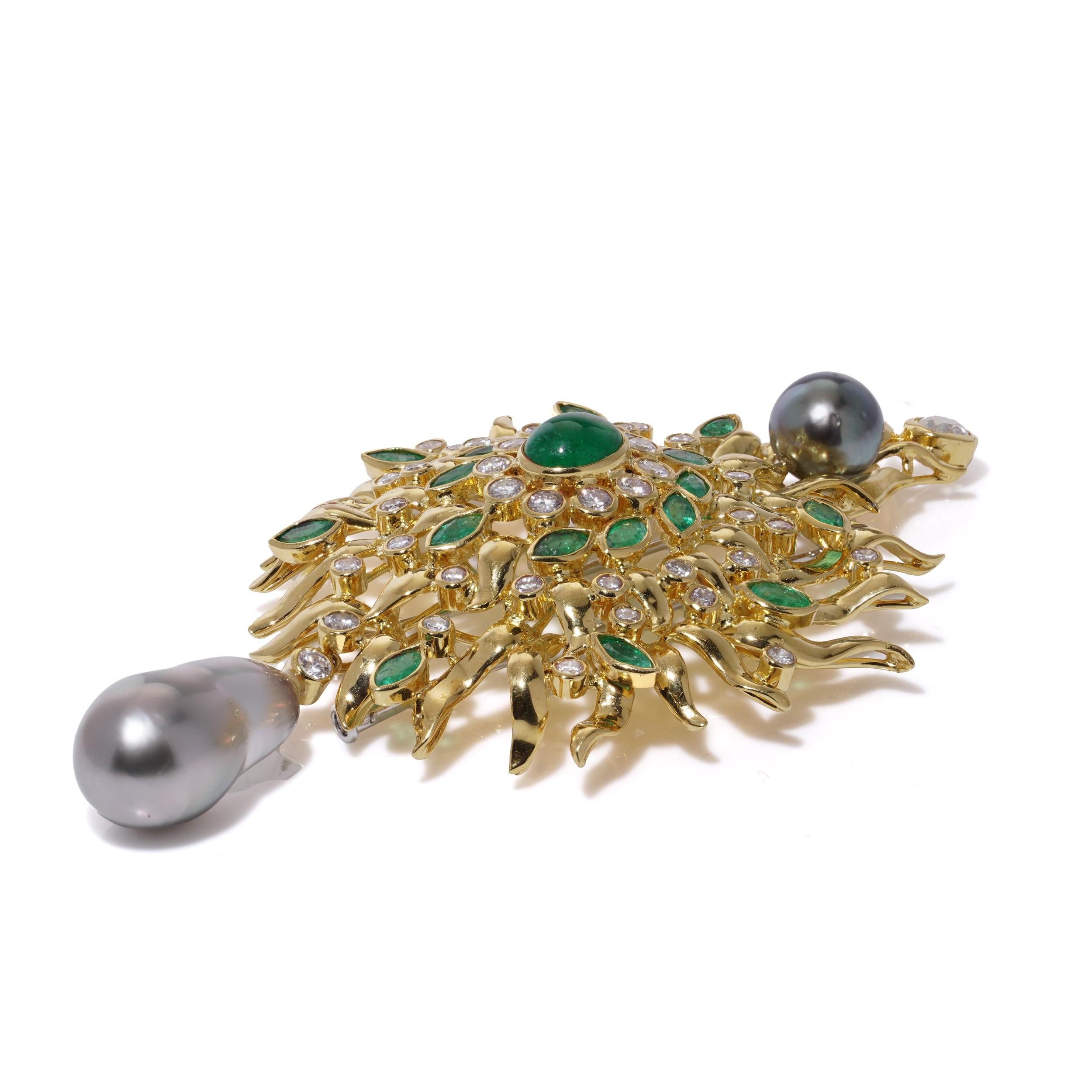 Broche tourbillonnant en or 18 carats avec diamants, émeraudes et perles de Tahiti en vente 4