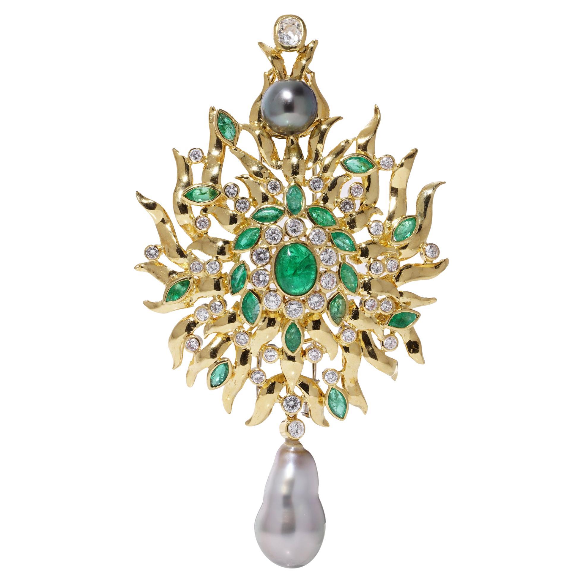 18kt Gold Sunburst Brooch with Diamonds, Emeralds, and Tahitian Pearl Drop