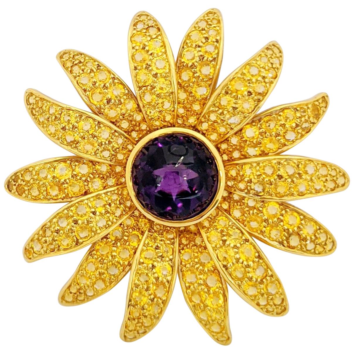 18kt Gold Sunflower Brooch, 20.24ct Yellow Sapphires and 15.58 Carat Amethyst