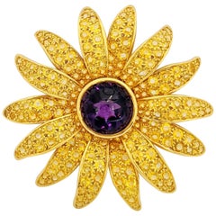 Vintage 18kt Gold Sunflower Brooch, 20.24ct Yellow Sapphires and 15.58 Carat Amethyst