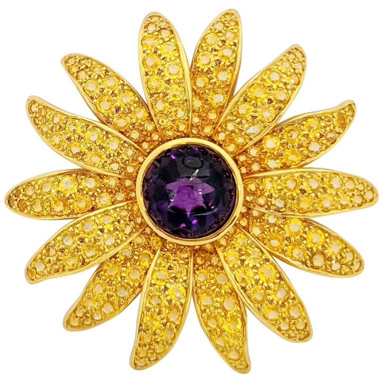 18kt Gold Sunflower Brooch, 20.24ct Yellow Sapphires and 15.58 Carat Amethyst at 1stDibs