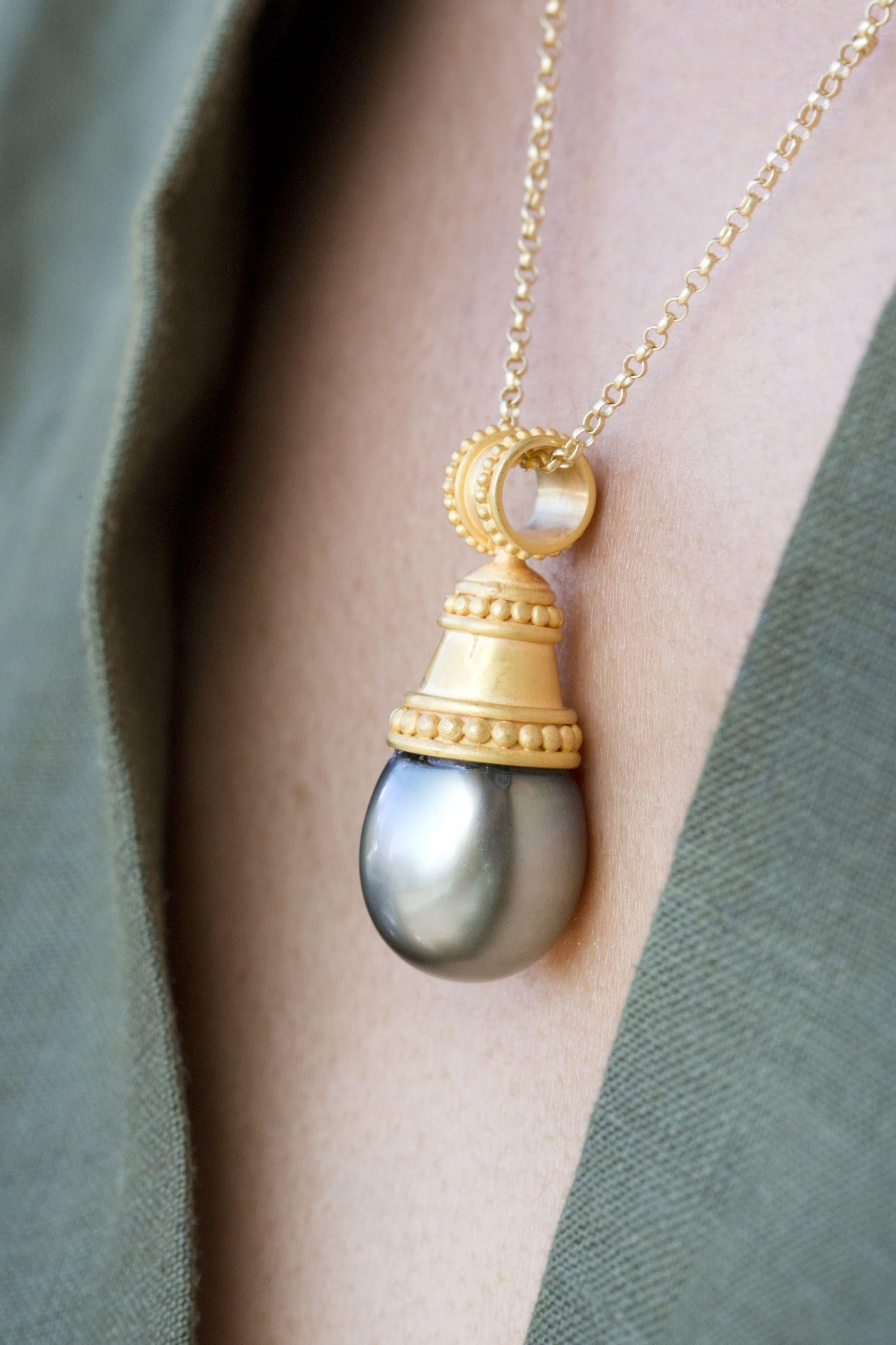 Etruscan Revival 18kt Gold Tahitian Grey Pearl Handcrafted Etruscan Style Pendant For Sale