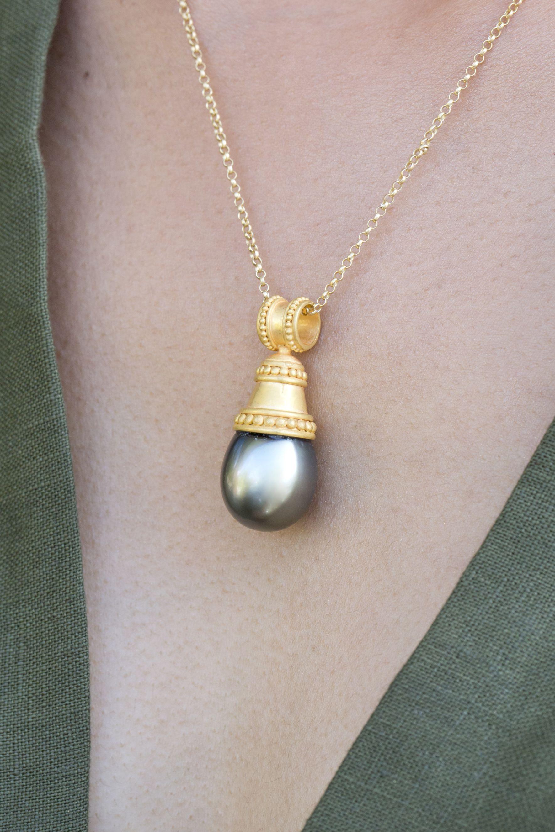 Uncut 18kt Gold Tahitian Grey Pearl Handcrafted Etruscan Style Pendant For Sale