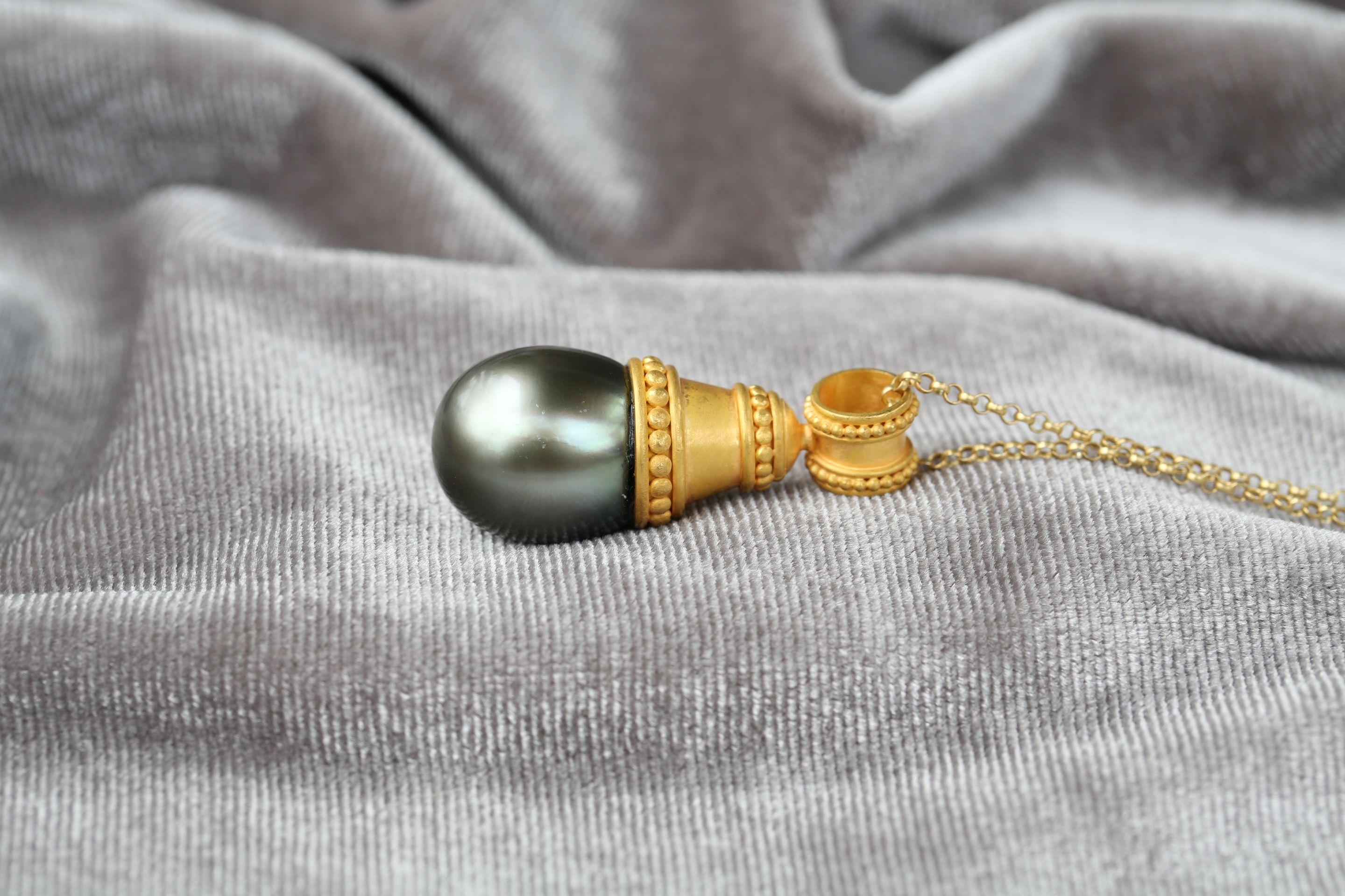 Women's or Men's 18kt Gold Tahitian Grey Pearl Handcrafted Etruscan Style Pendant For Sale
