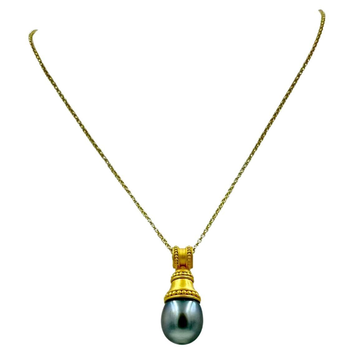 18kt Gold Tahitian Grey Pearl Handcrafted Etruscan Style Pendant For Sale