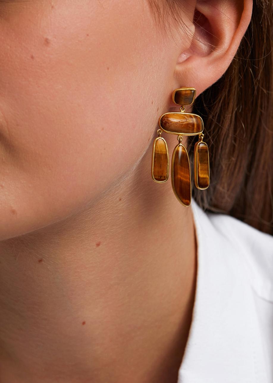 Tumbled 18kt Gold Tigers Eye Irregular Jellyfish Earrings For Sale