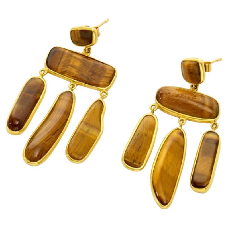 18kt Gold Tigers Eye Irregular Jellyfish Earrings For Sale