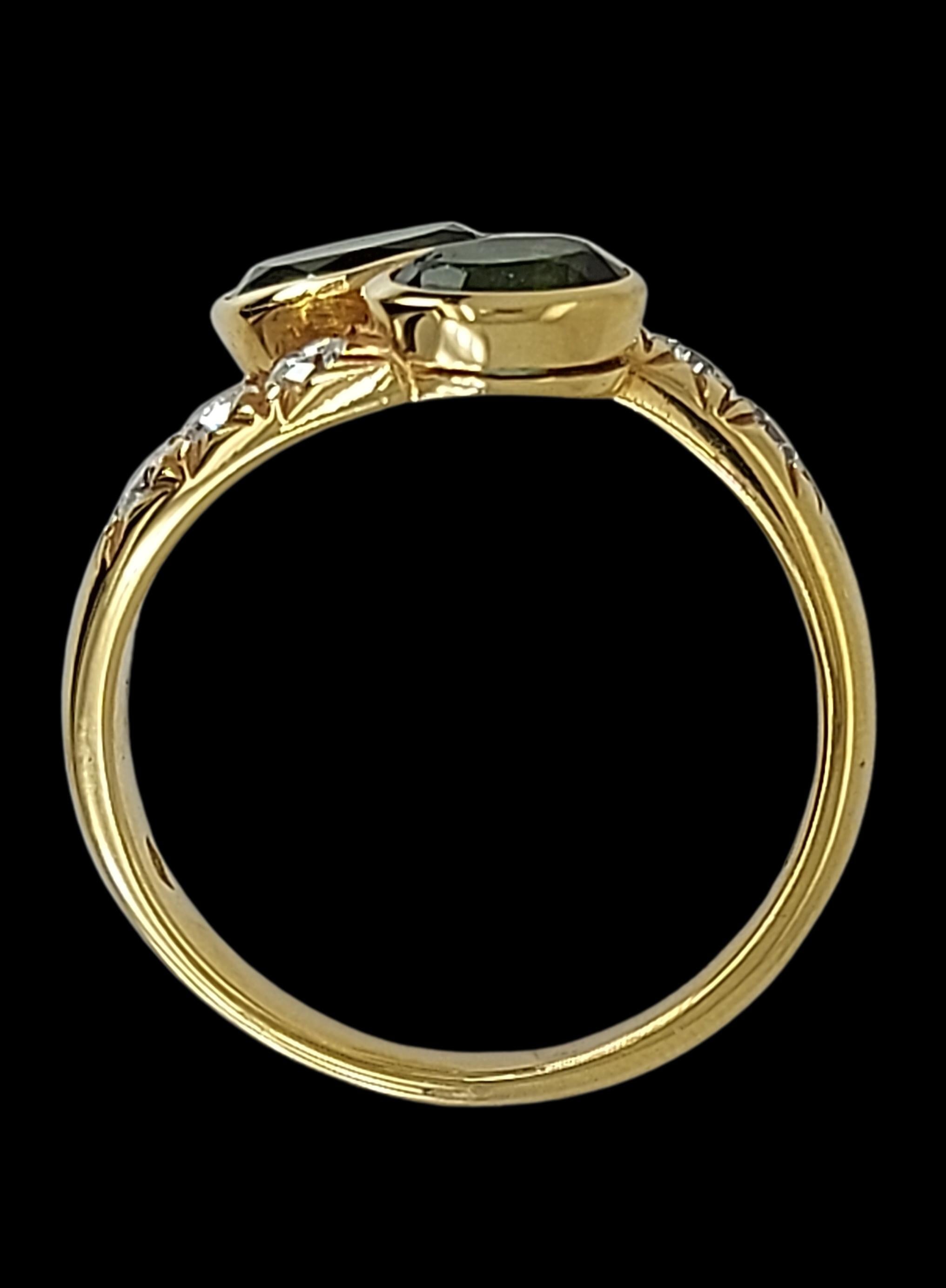 Artisan 18kt Gold Toi Et Moi Ring with 0.5ct Diamonds and 2.3ct Tourmaline For Sale