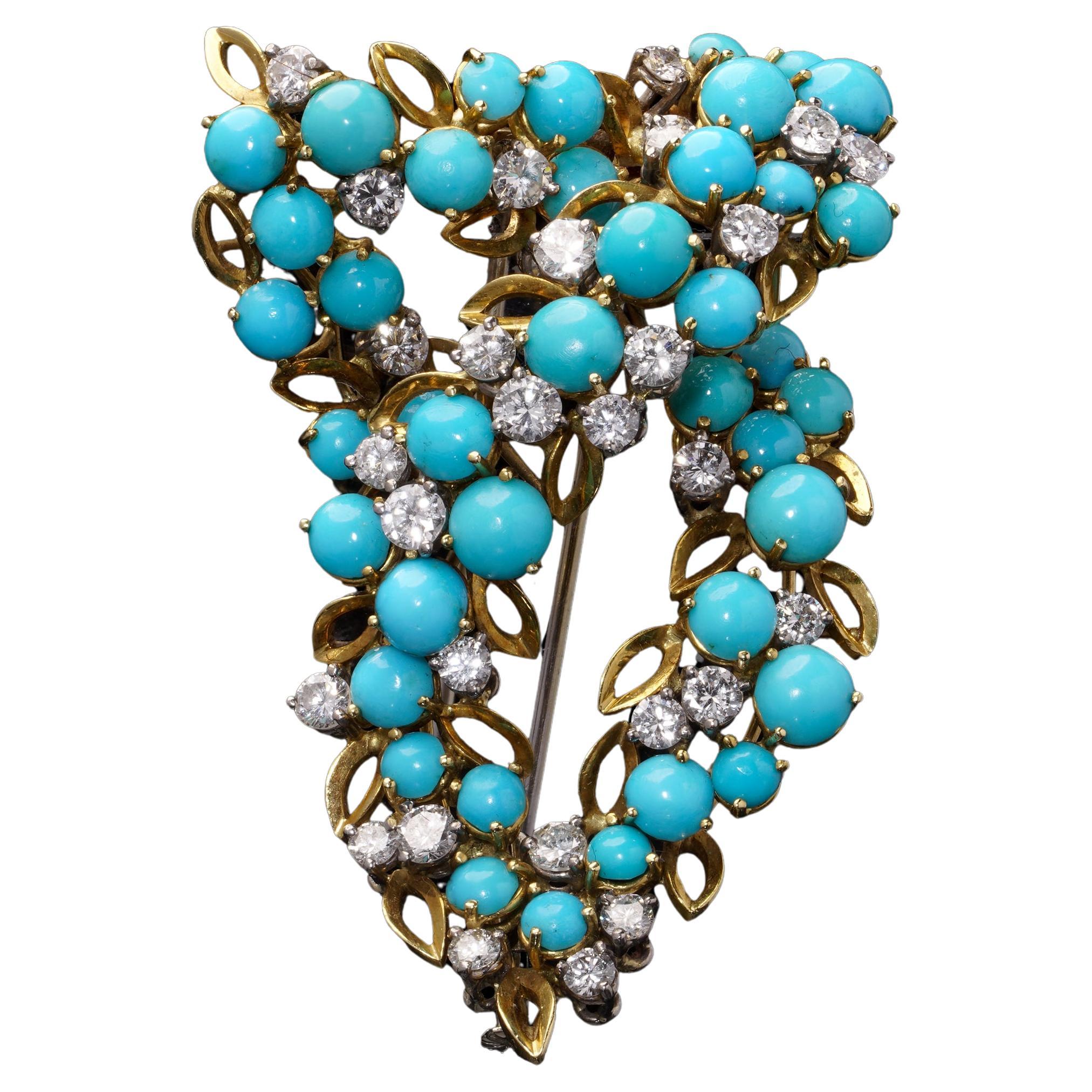 18kt Gold Turquoise and Diamond Brooch