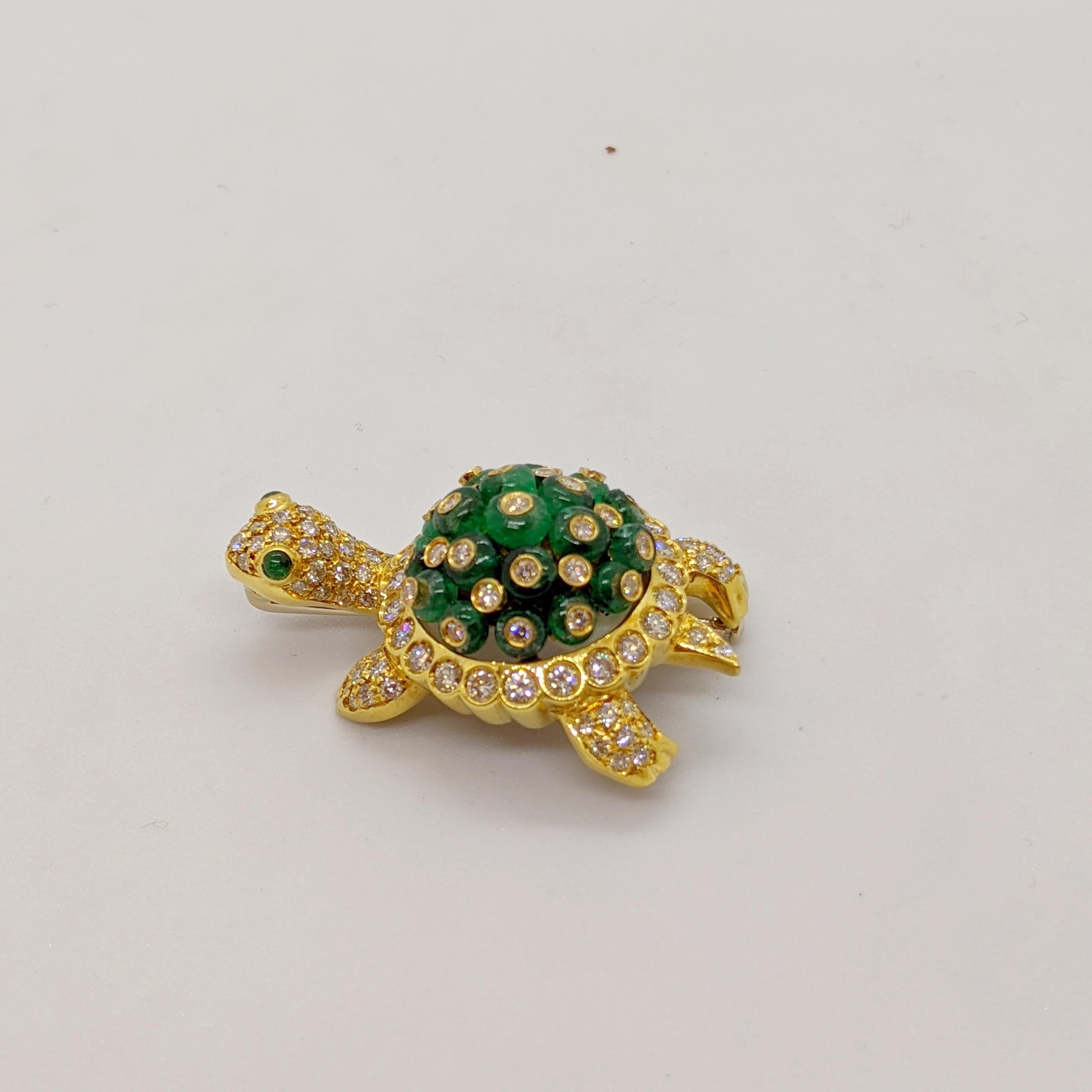 Contemporary 18 Karat Gold Turtle Brooch with 6.33 Carat Beaded Emeralds & 2.92 Ct. Diamonds For Sale