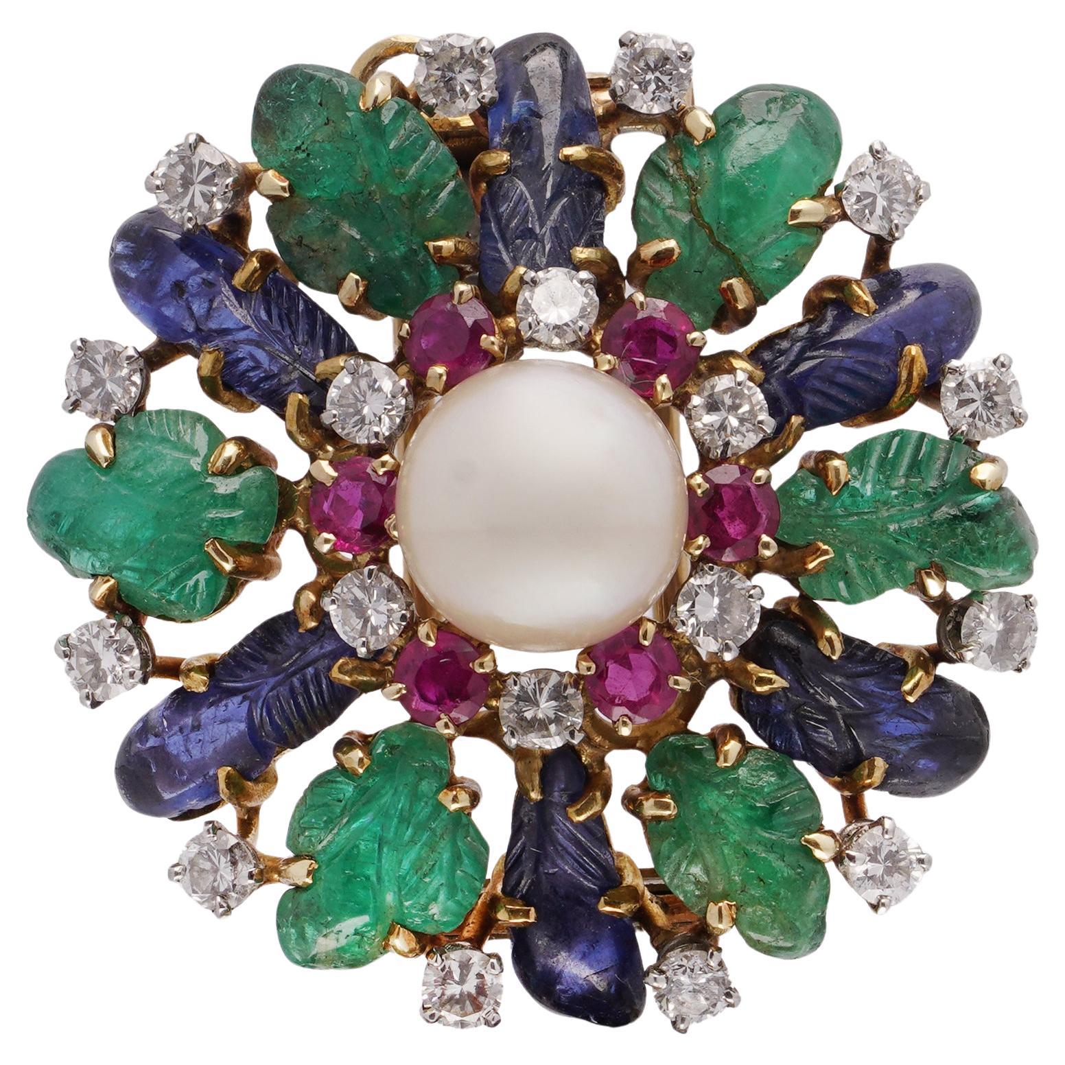 18kt Gold Tutti Frutti Brooch with Carved Emeralds, Sapphires, Rubies, Diamonds