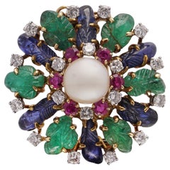 18kt Gold Tutti Frutti Brooch with Carved Emeralds, Sapphires, Rubies, Diamonds