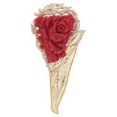 18kt Gold Vintage Coral and Diamond Brooch – Carved Coral & Diamonds