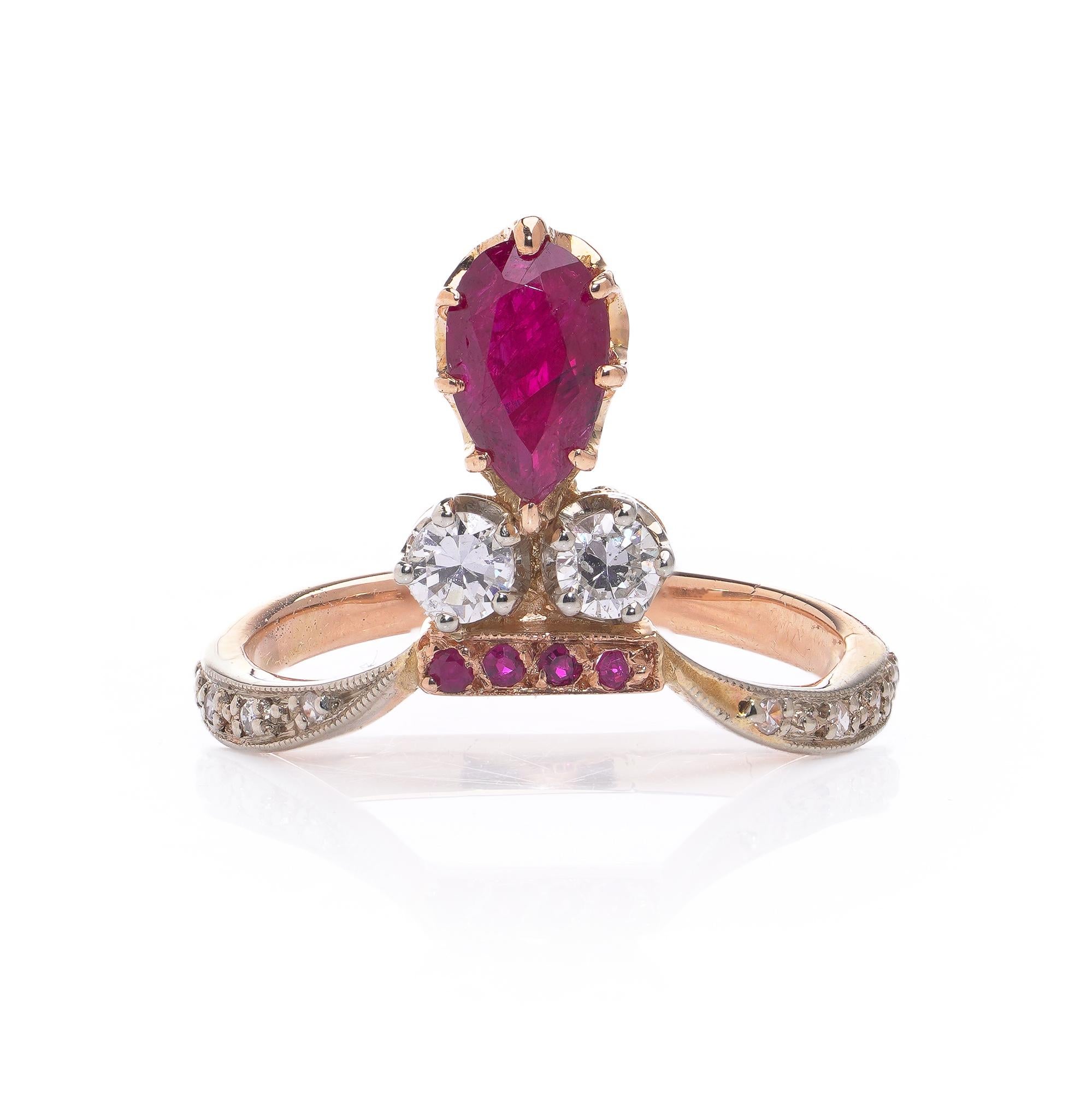 Anello con rubino e diamante vintage in oro 18 carati In condizioni buone in vendita a Braintree, GB