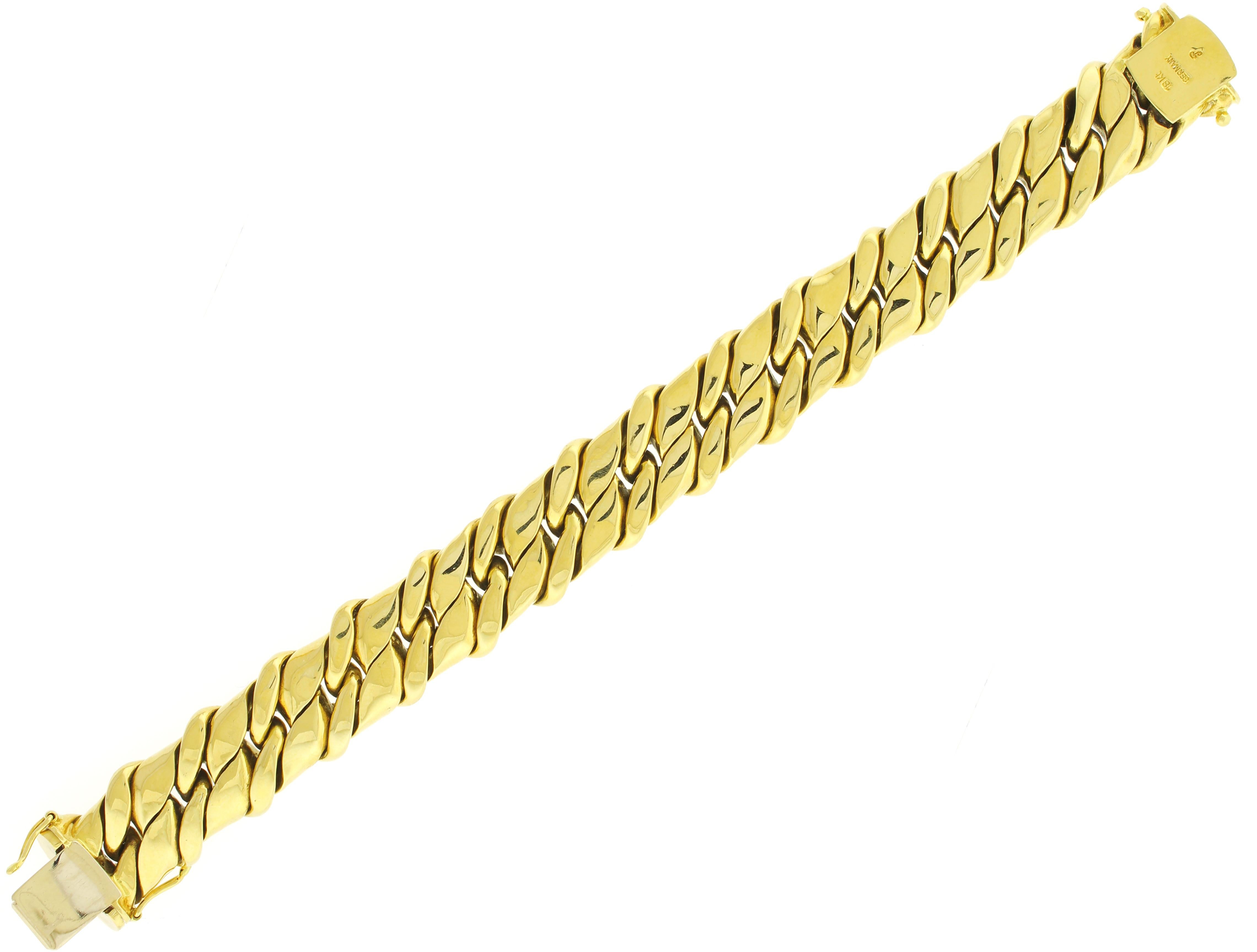 ♦ Designer: Abel and Zimmerman for Pampillonia Jewelers
♦ Circa: 1980s
♦ Length: 7 1/2 inches
♦ Width: 5/8inch
♦ Metal: 18Kt Yellow Gold
♦ Packaging: Pampillonia Presentation Box
♦ Condition: Excellent, pre-owned.
