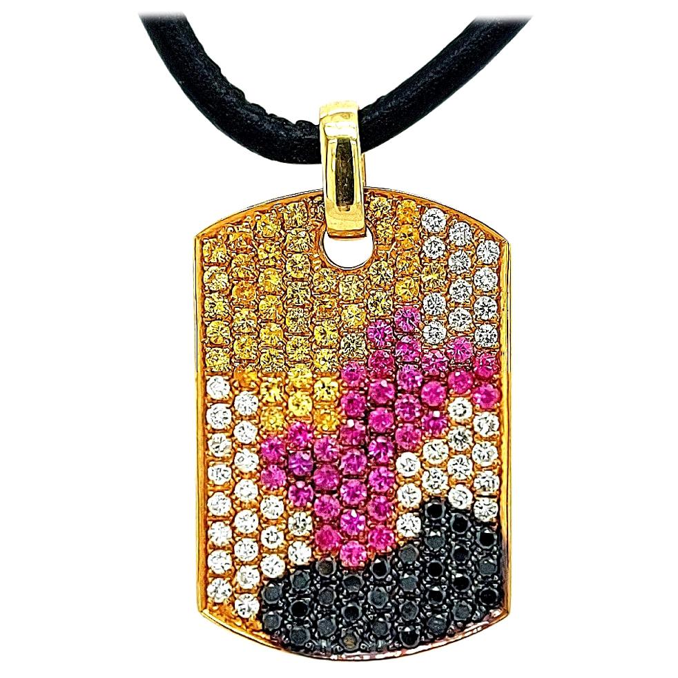 18kt Gold Dog Tag Pendant Necklace Pink & Yellow Sapphires 1.38ct Diamonds