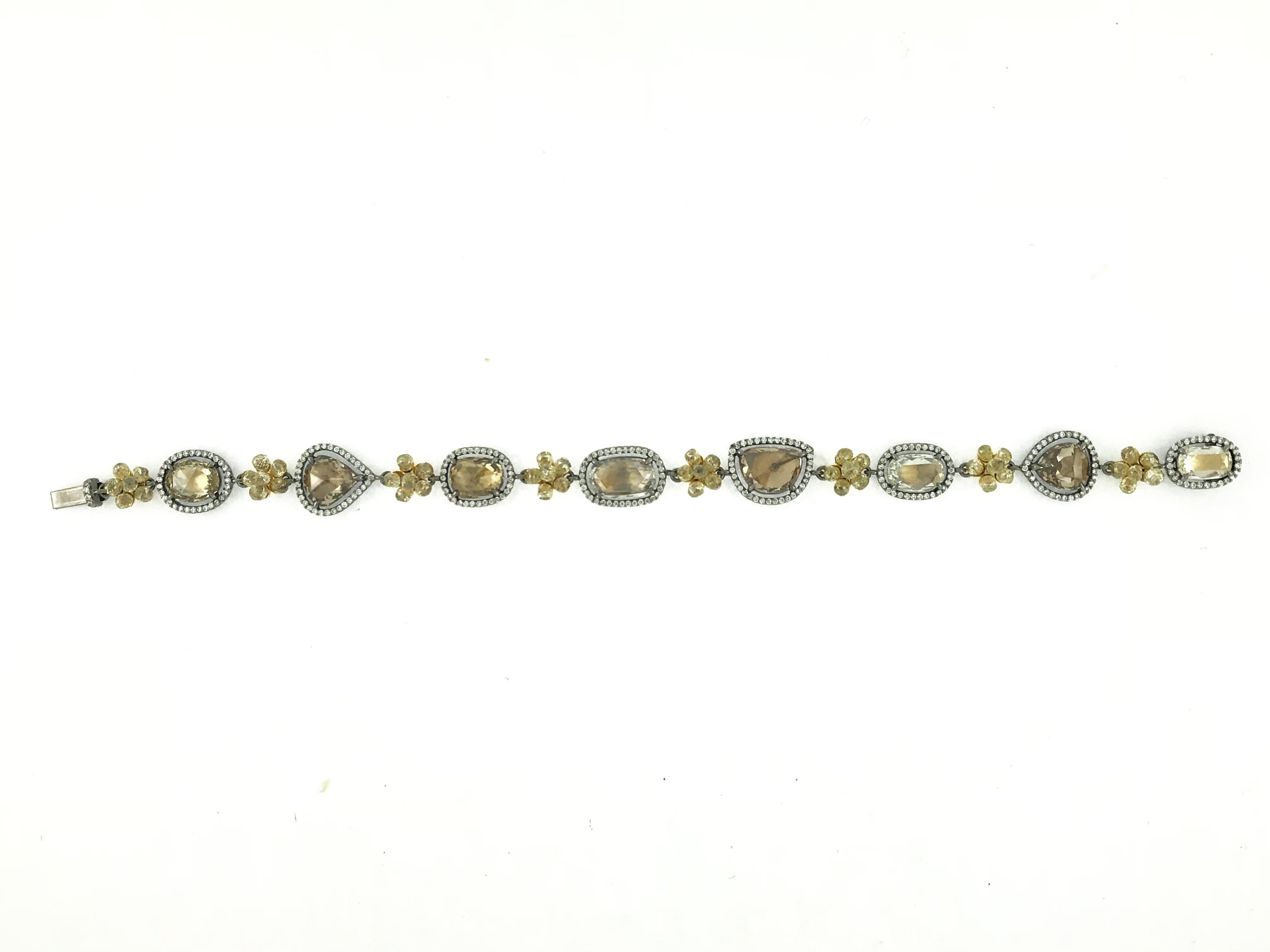 Women's or Men's 18 Karat Grey Gold Rose Cut Bracelet with White and Fancy Yellow Diamonds For Sale