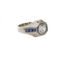 18K Hand Carved Art Deco Men's Ring 2 Carat White Sapphire Old Euro with Blue
