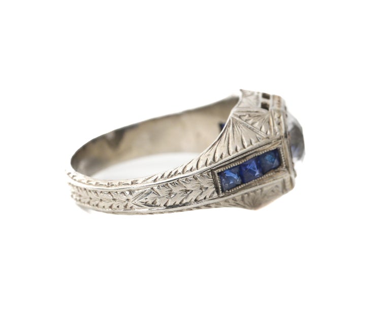 18K Hand Carved Art Deco Men's Ring 2 Carat White Sapphire Old Euro ...