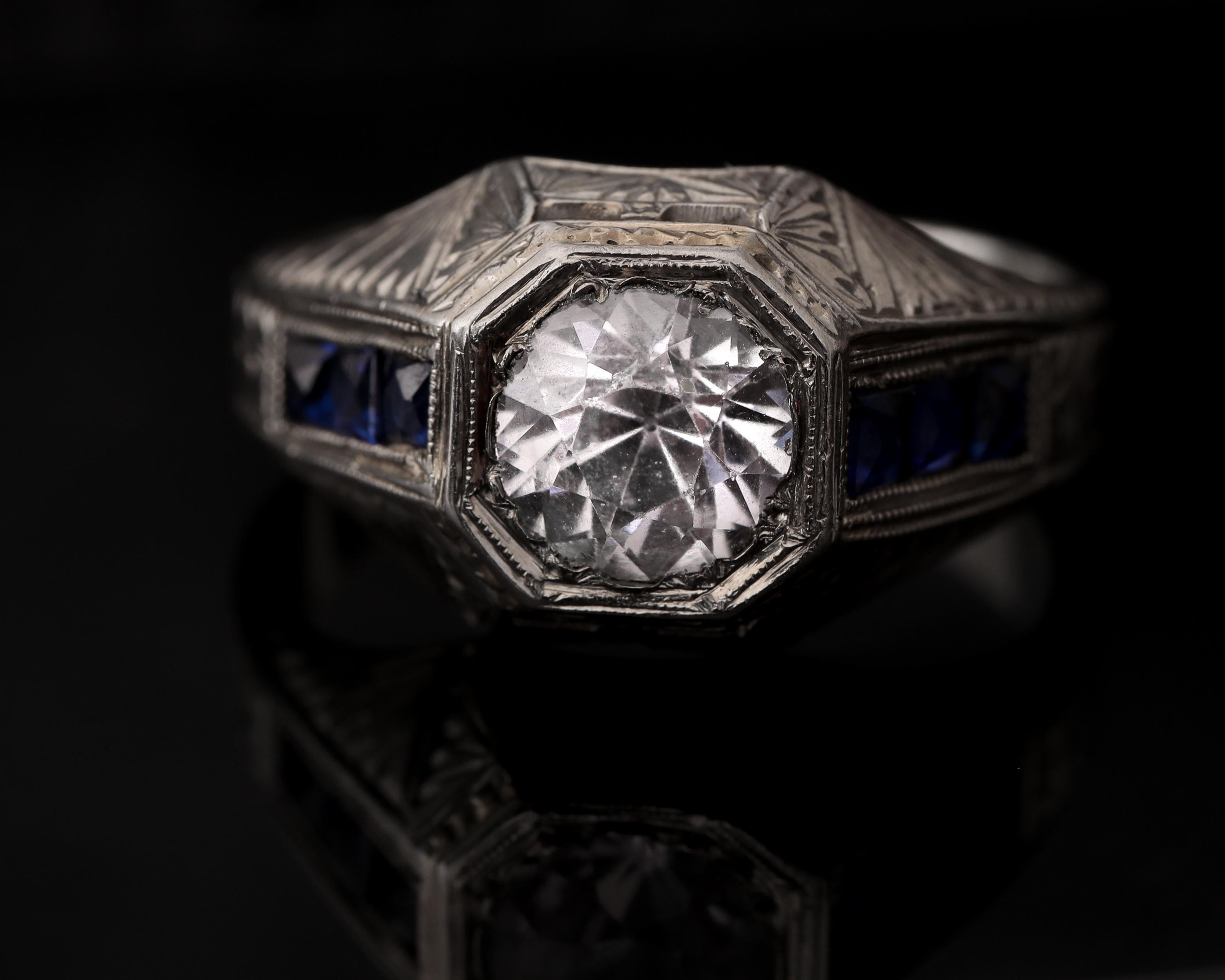 18K Hand Carved Art Deco Men's Ring 2 Carat White Sapphire Old Euro with Blue In Good Condition In Addison, TX