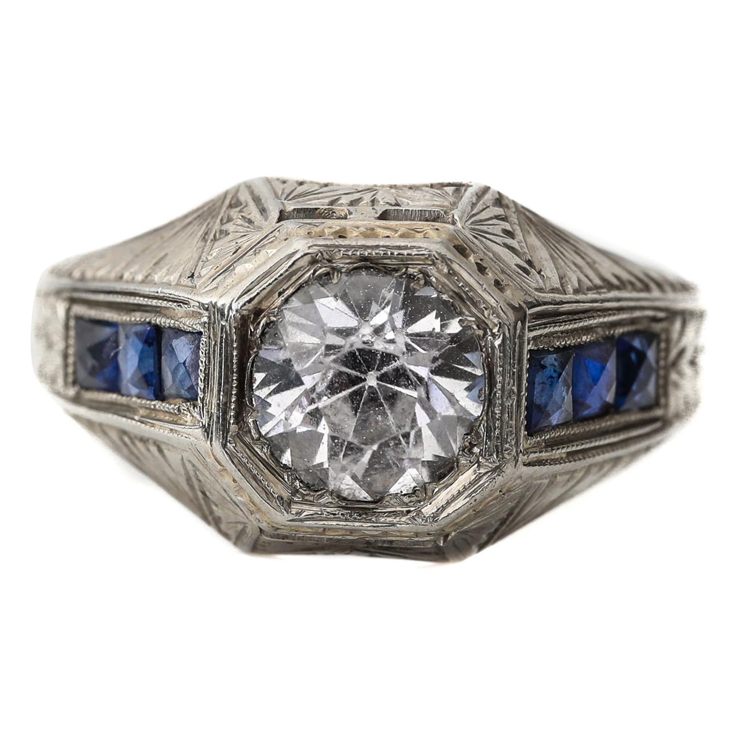 18K Hand Carved Art Deco Men's Ring 2 Carat White Sapphire Old Euro with Blue
